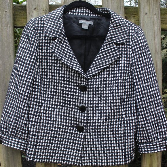 VTG Ann Taylor Tweed Black & White Hounds Tooth 3/4 Jacket Classic Style Sz 12 - Picture 1 of 16